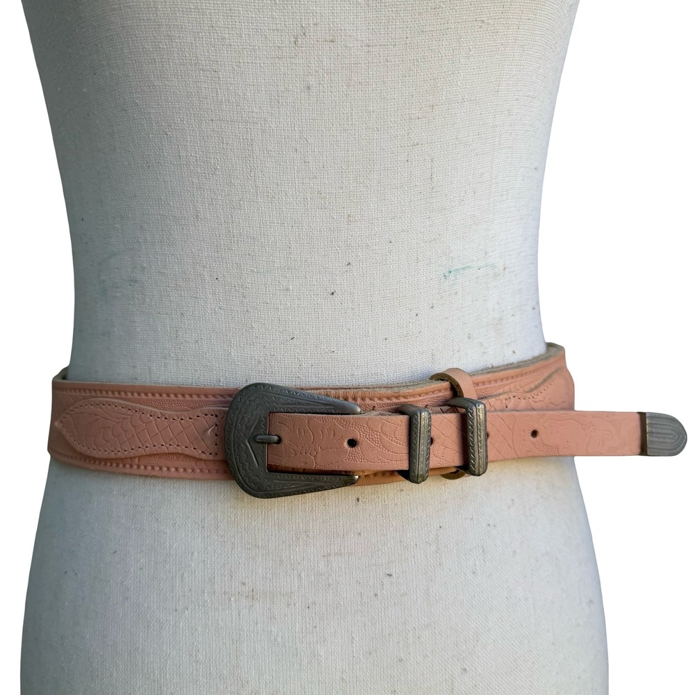 Vintage French Made Pink Tooled Leather Western Belt Silver Buckle 80 32 52567